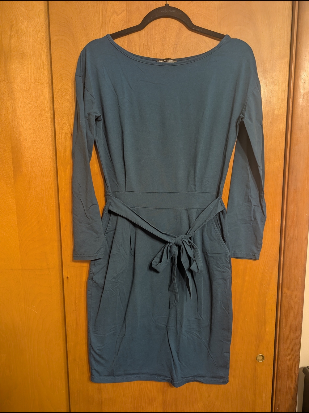 Boatneck Long-Sleeve Tie-Waist Dress in Teal